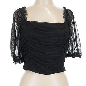 Black Ruched Mesh Puff Sleeve Crop Top Blouse